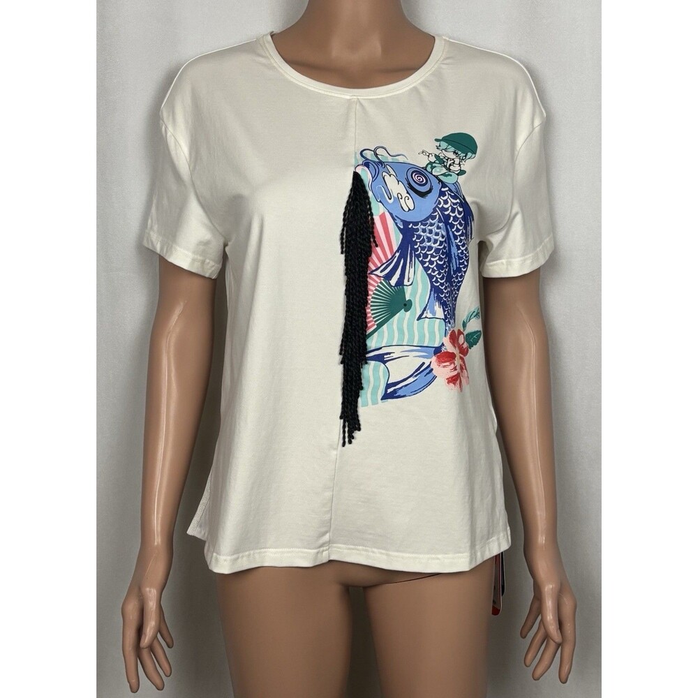 Fairwhale Creative Urbanwear Women’s Size Small Koi Fish Print Tassel T-Shirt